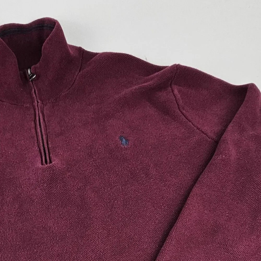 Polo Ralph Lauren Mens XL Quarter Zip Sweater Burgundy 100% Cotton Pony